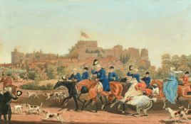Dubourg after Pollard, King George III returning from hunting, hand-coloured aquatint, 13.5" x