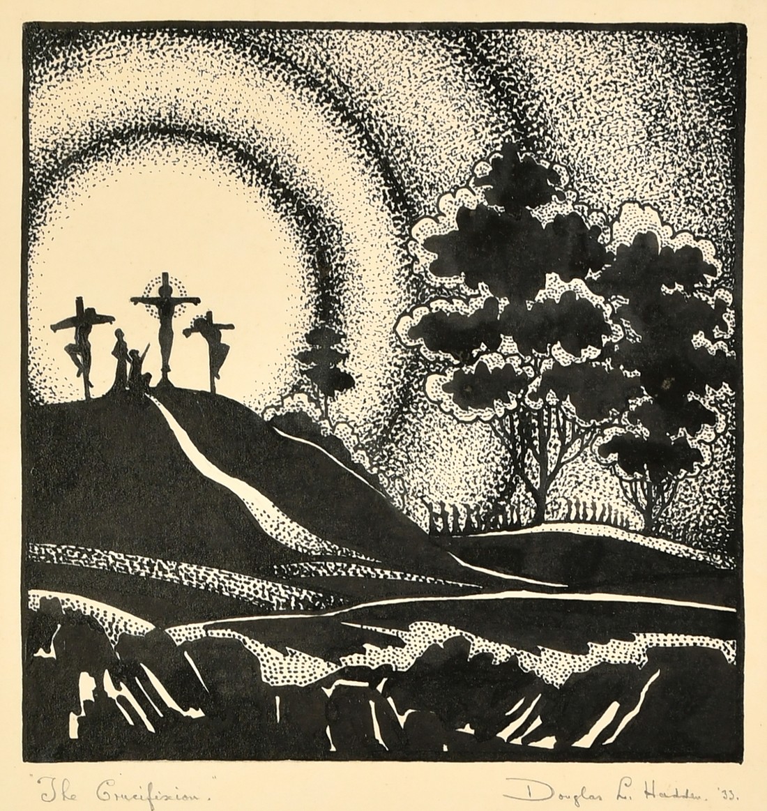 Douglas L Hadden (20th Century) British. "The Crucifixion", ink, Signed, Inscribed and Dated '33,