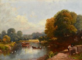 Frederick W. Watts (1800-1870), boats and figures on a river with cattle watering beyond, oil on