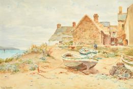 Tom Clough (1867-1943), fisherman mending nets, watercolour, signed, 14" x 20.75" (36 x 53cm).
