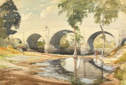 Mackay (Early 20th Century), figures by an arched bridge, watercolour, signed, 14" x 20.5" (36 x