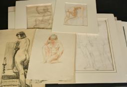 A collection of life class studies, mainly nudes, various media, unframed, (q).