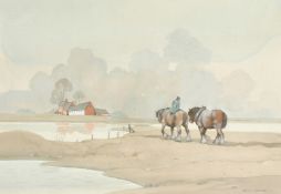 Bryan Conway (20th Century), 'Farm in the Fens', watercolour, signed, 14" x 21" (36 x 53cm).