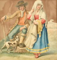 19th Century Continental School, a couple in traditional costume with their dog, watercolour and