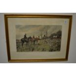 A set of four colour prints depicting fox hunting scenes.