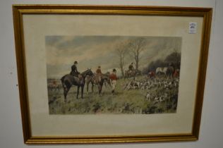 A set of four colour prints depicting fox hunting scenes.