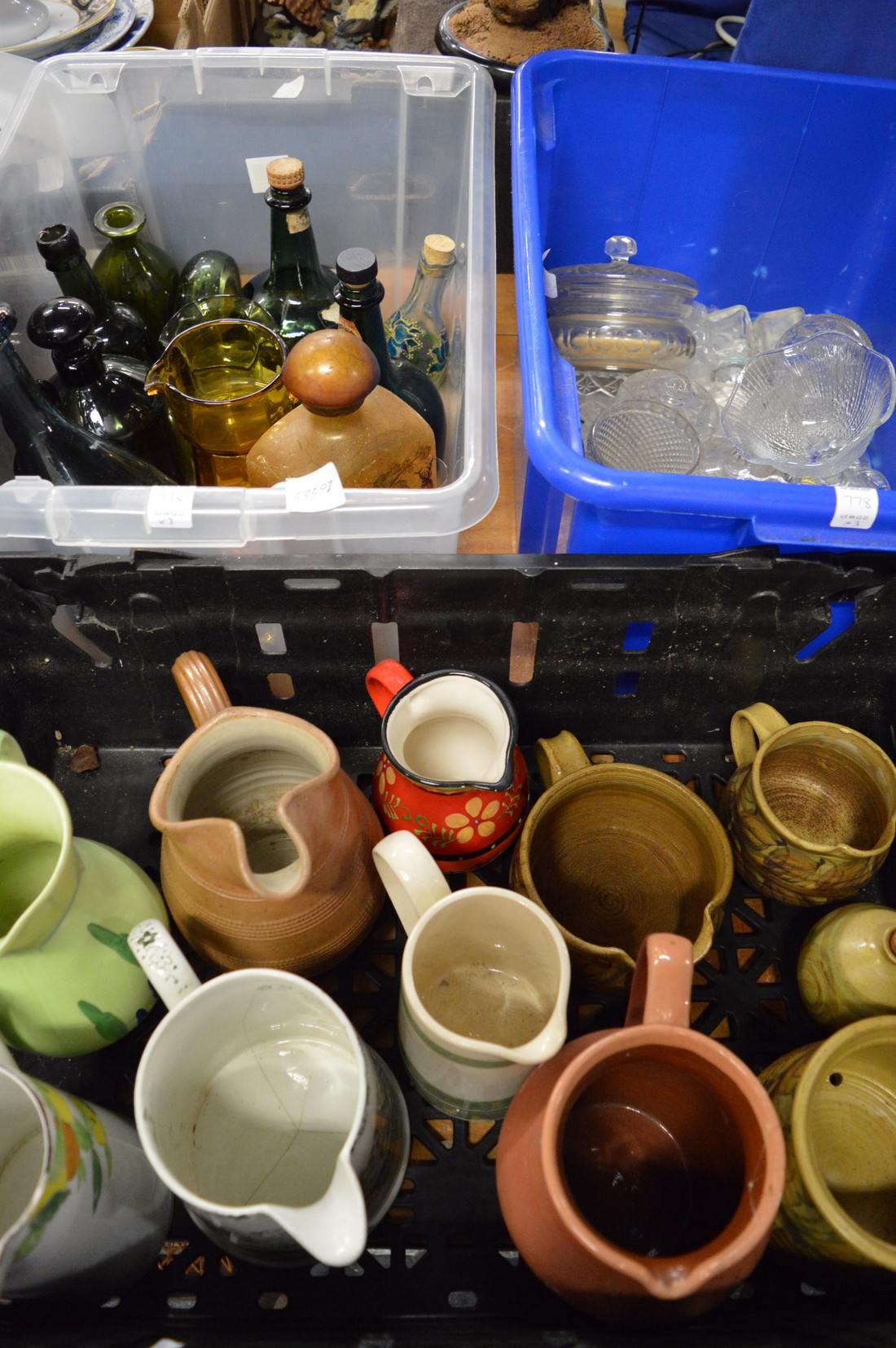 Pottery jugs, glass bottles etc.