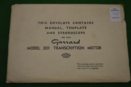 A Garrard model 301 transcription motor manual with original envelope.