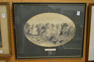 Le Printemps, engraving of cattle at a watering hole, framed oval.