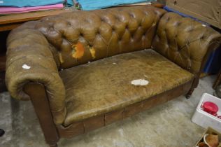 Leather Chesterfield two seater drop-end settee (faults).