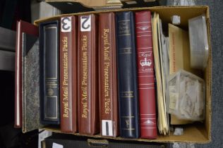 A collection of stamp albums, contents plus loose stamps together with presentation coins and a 1981