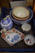 Blue and white teapot, jasperware bowl, Chinese earthenware bowls and other Oriental porcelain.