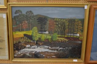 Rural river landscape with buildings and trees, a mountain in the distance, oil on board.