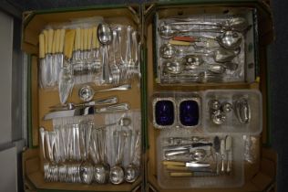 Two boxes of plated items to include flatware, cruets etc.