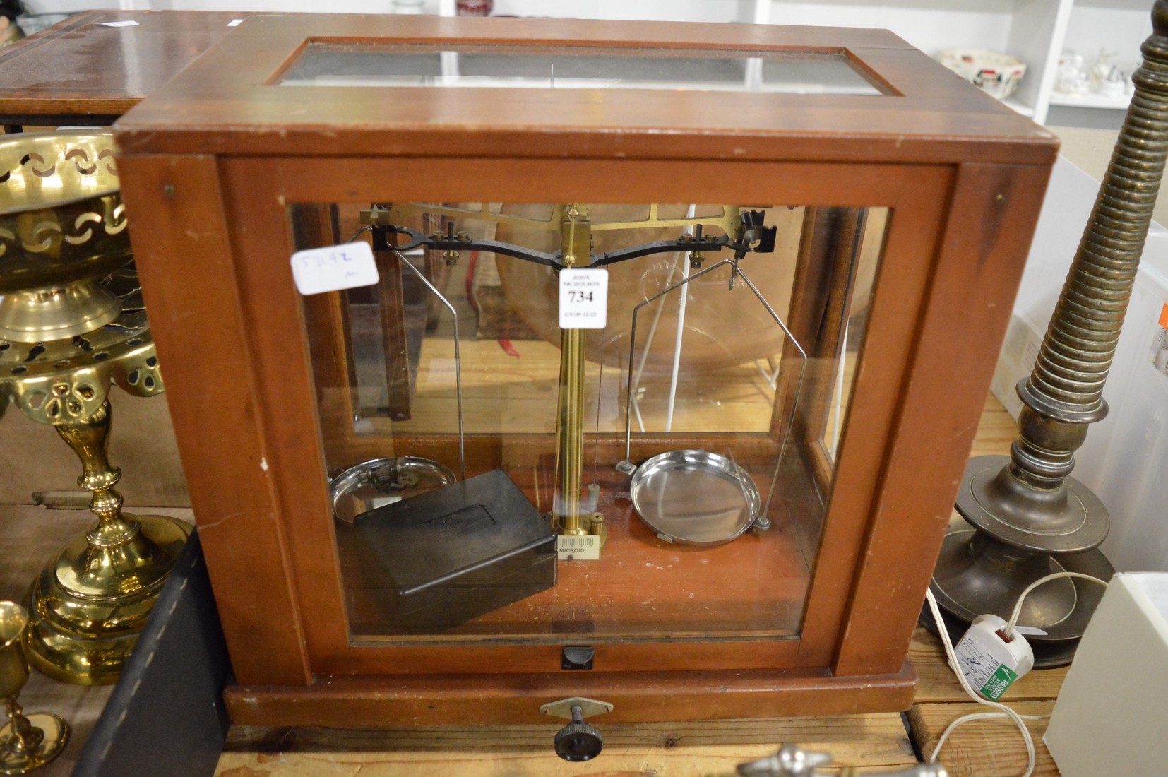 A mahogany cased scientific scales.