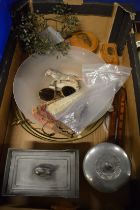 A pewter box and cover, ceiling light, Mauchline ware and other collectables.