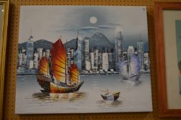 A Hong Kong harbour scene, oil on canvas, unframed.