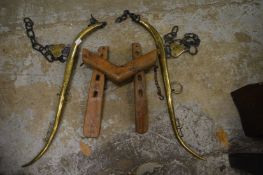A pair of brass and wrought iron horse hames etc.