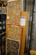 Three pin boards containing a vast array of enamel pin badges.