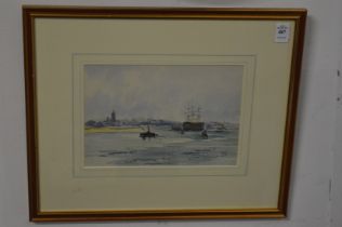 HMS Victory in Portsmouth Harbour, watercolour.