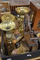 Miscellaneous collectables to include brass stands, miniature spinning wheel, copper coal scuttle,