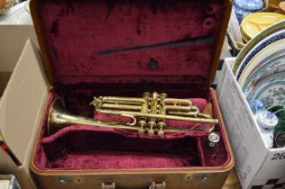 A cased trumpet.