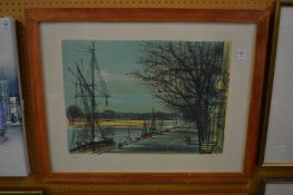 City river scape with figures and ships, limited edition print.