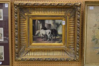 Colour print depicting horses in a decorative gilt frame.