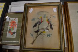 A feather picture depicting three birds on a branch together with other paintings and prints etc.