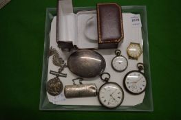 Silver pocket watches and other items.