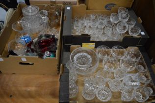 A quantity of household and decorative glassware to include wine glasses, decanters, bowls etc.