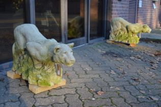 A good pair of reconstituted stone models of prowling lionesses on rocky outcrops.