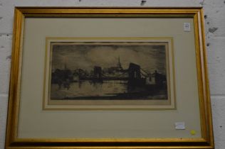 City river landscape, etching, pencil signed.