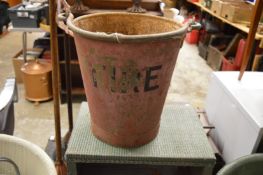 An old fire bucket, an apple picking bucket and two galvanised watering cans.