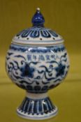 A Chinese blue and white pedestal bowl and cover.