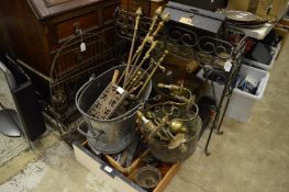 A wrought iron plant stand, preserve pans, fireside tools and other bygones.