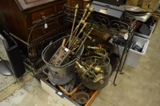 A wrought iron plant stand, preserve pans, fireside tools and other bygones.
