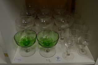 A set of nine etched champagne glasses etc.