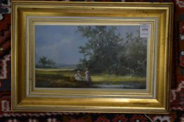Rural scene with figures by a country path, oil, in a gilt frame.