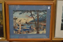 A Japanese woodblock print depicting a harbour scene, framed and glazed.
