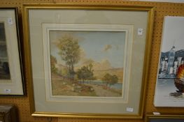 A P Thomson, Rural river landscape with sheep on a path, watercolour, signed.