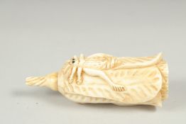 A carved bone snuff bottle with an insect, 7.5cm long.