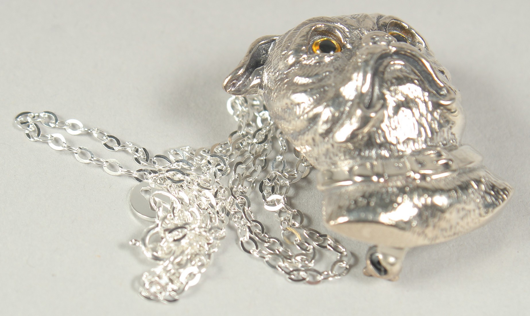 A silver pug dog brooch or pendant on a chain in a box. - Image 3 of 3