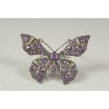 A good 9ct. gold, amethyst, peridot and diamond butterfly brooch in a box.