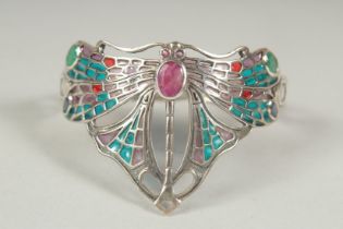 A silver ruby set art Deco design dragonfly bangle in a velvet box.