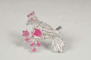 A silver and ruby set bird brooch in a box.