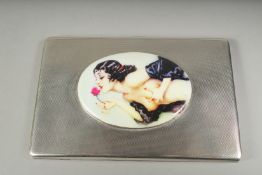 An engine turned silver cigarette case, 130 grams, Birmingham 1937, with a glamorous model enamel