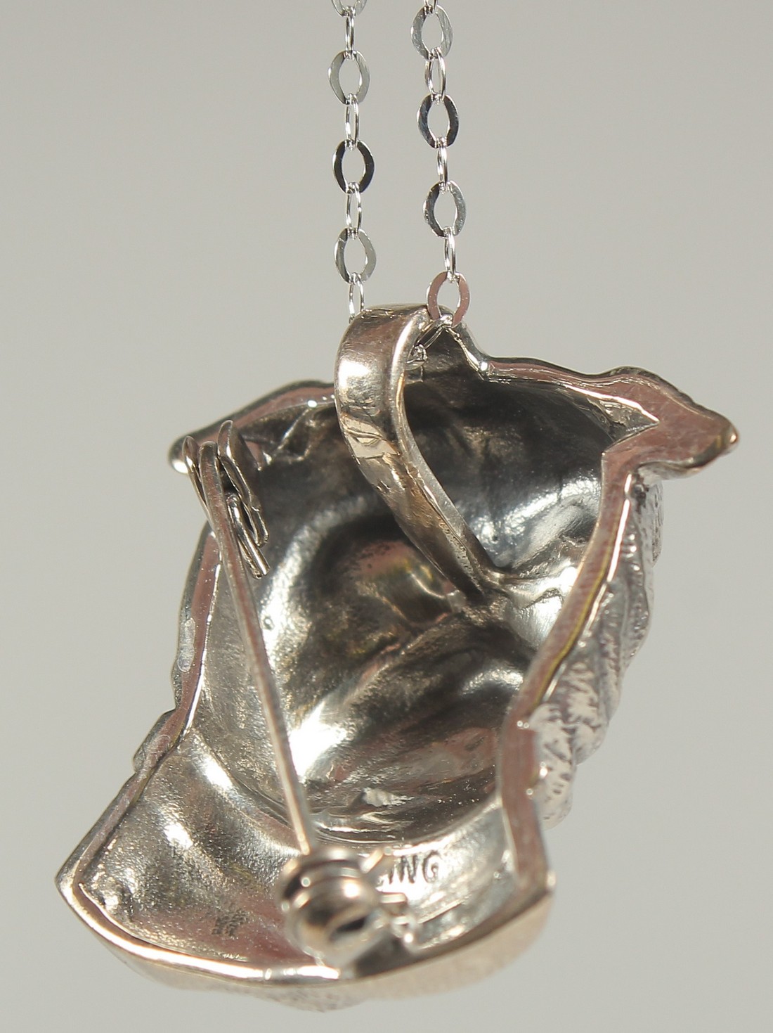 A silver pug dog brooch or pendant on a chain in a box. - Image 2 of 3