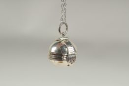 A silver opening ball locket and chain in a box.