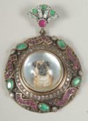 A good silver gilt ruby set Essex crystal pug pendant, 3.5cm diameter, in a box.